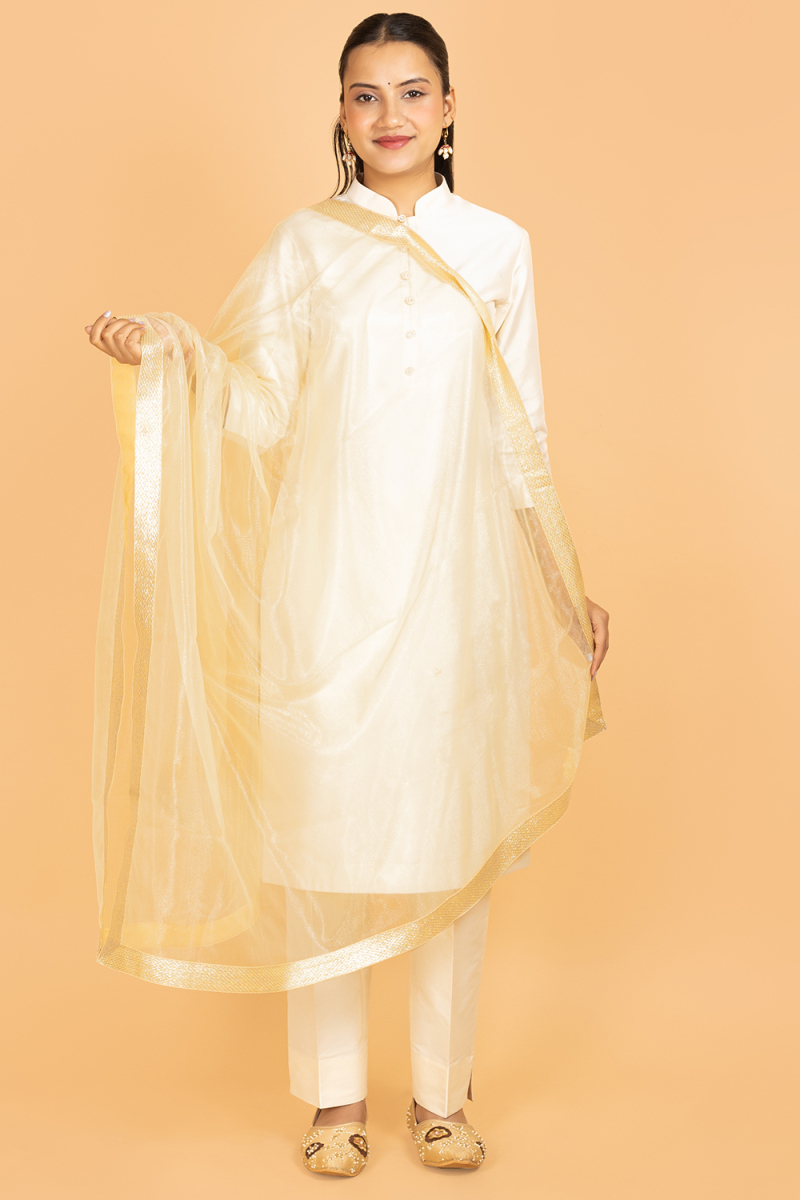 Cream Net Lace Dupatta 