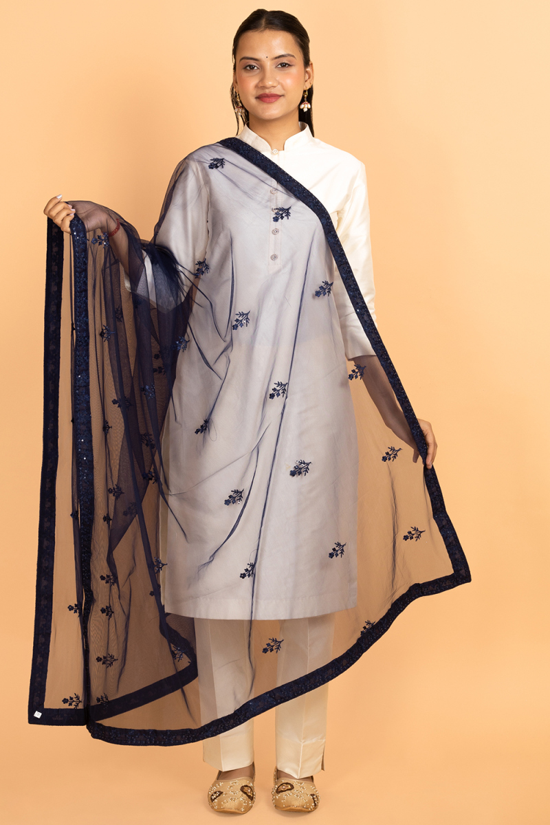 Dark Blue Net Sequins Embroidered Dupatta