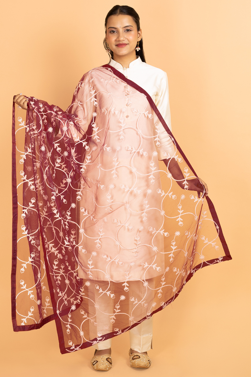 Deep Red Net Resham Thread Embroidered Dupatta
