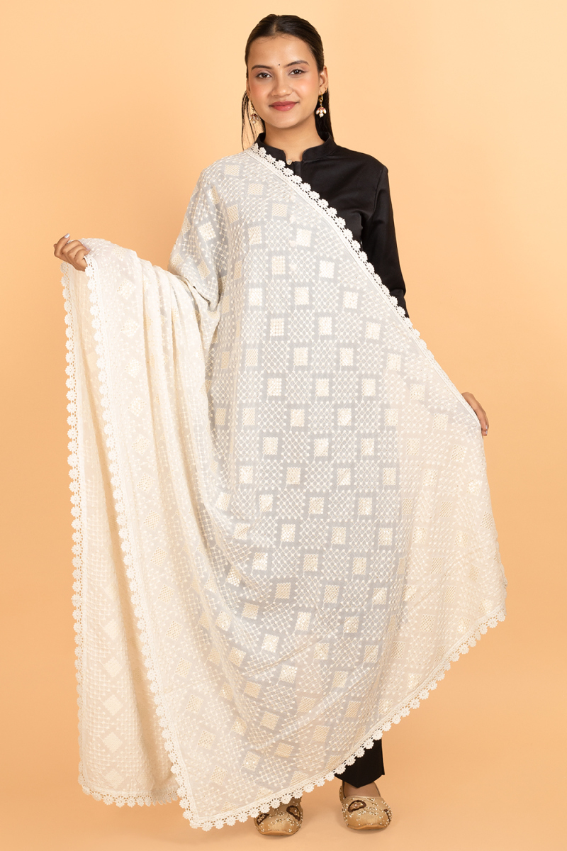 White Georgette Sequins Embroidered Dupatta