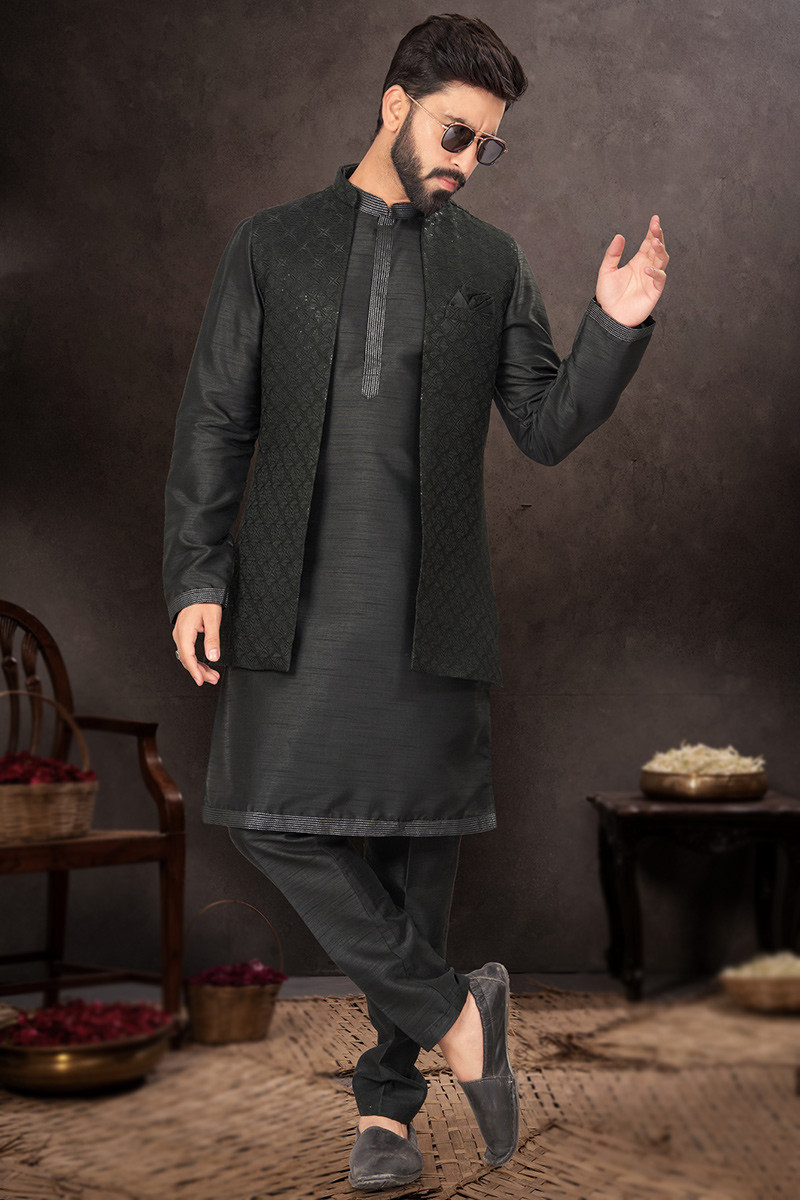 Black kurta pajama with grey jacket 2025