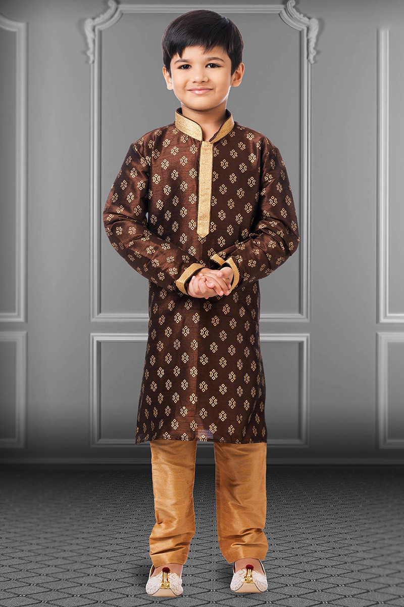 Clothes Shops Online Foil Printed Dark Brown Kids Kurta Pajama MKPA04108