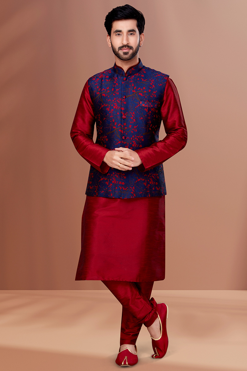 Dupion Silk Deep Red Men's Kurta Churidar