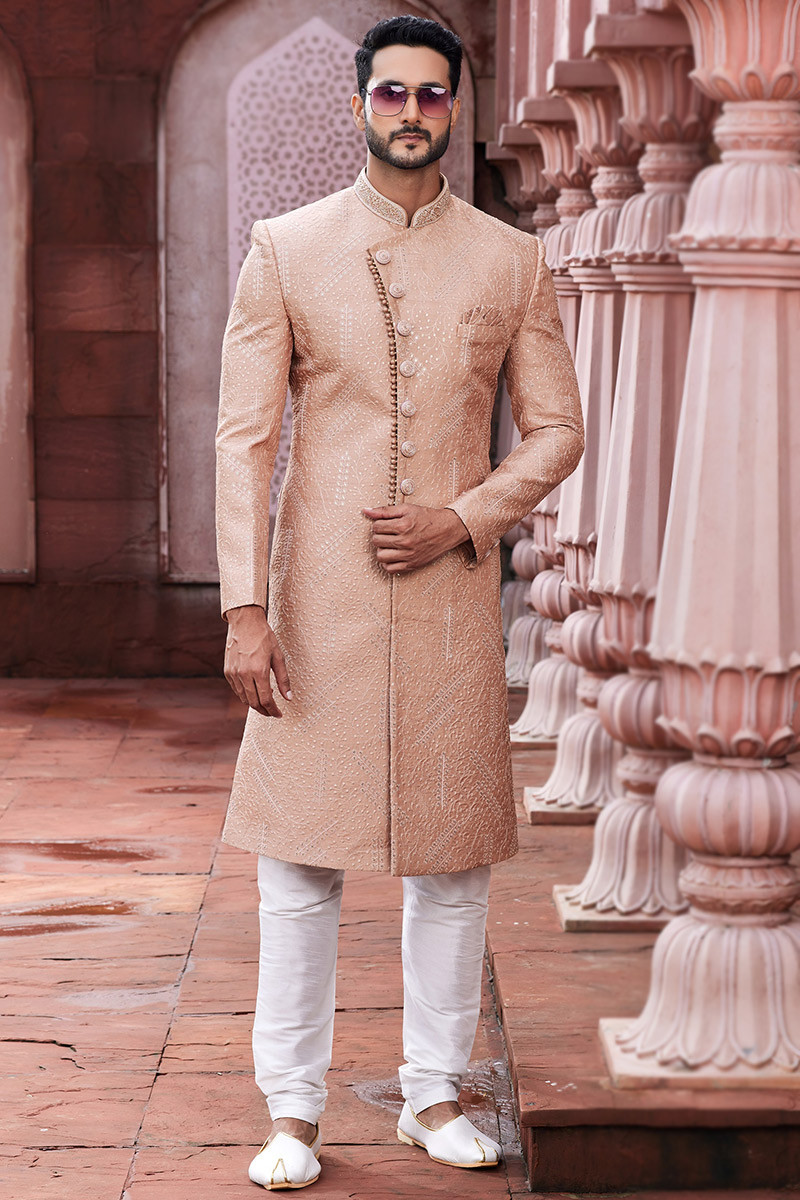 Dupion Silk Embroidered Salmon Peach Jodhpuri Style Men s Sherwani MSTV03261