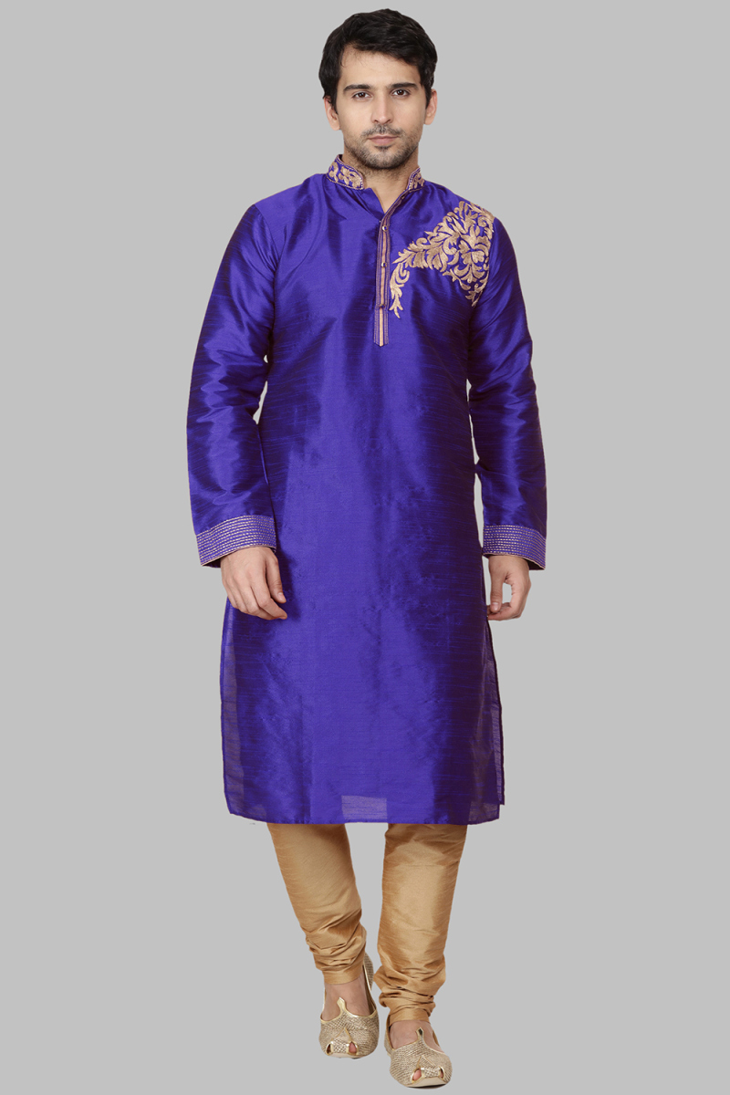 Dupion Silk Indigo Blue Dori Embroidered Men's Kurta Churidar