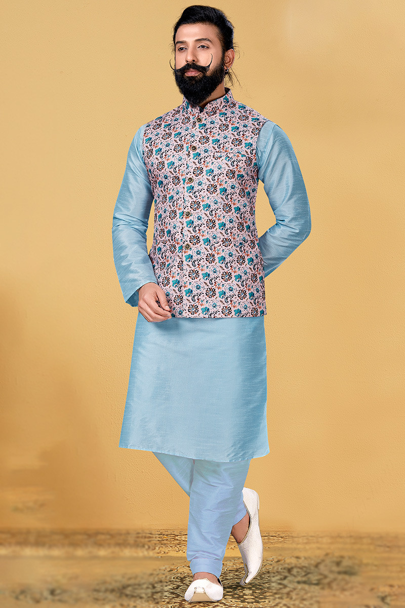 Men Kurta Pajama in Light Blue With Jacket Style MKPA02963