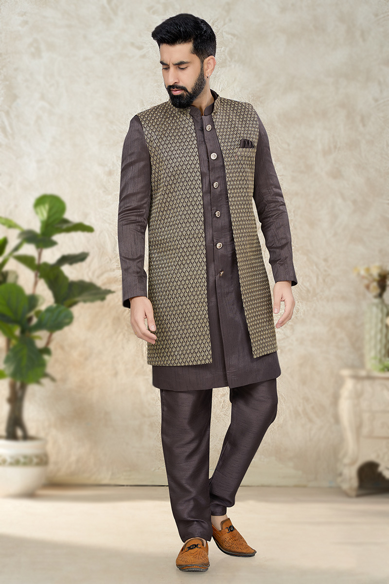 Dupion Silk Mauve Brown Men's Embroidered Jacket Style Sherwani