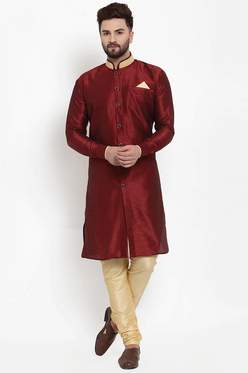Dupion Silk Plain Men Kurta Pajama In Dark Maroon