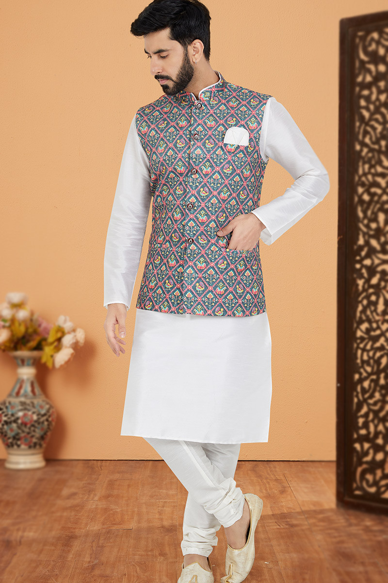 Dupion Silk White Men s Kurta Churidar With Printed Waistcoat