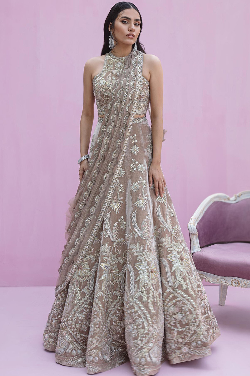 Dusty Beige Velvet Embroidered Lehenga