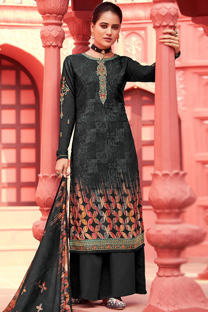 Elegant Zari Embroidery Work Black Colour Sharara Dress For Party Looks -  KSM PRINTS - 4082686