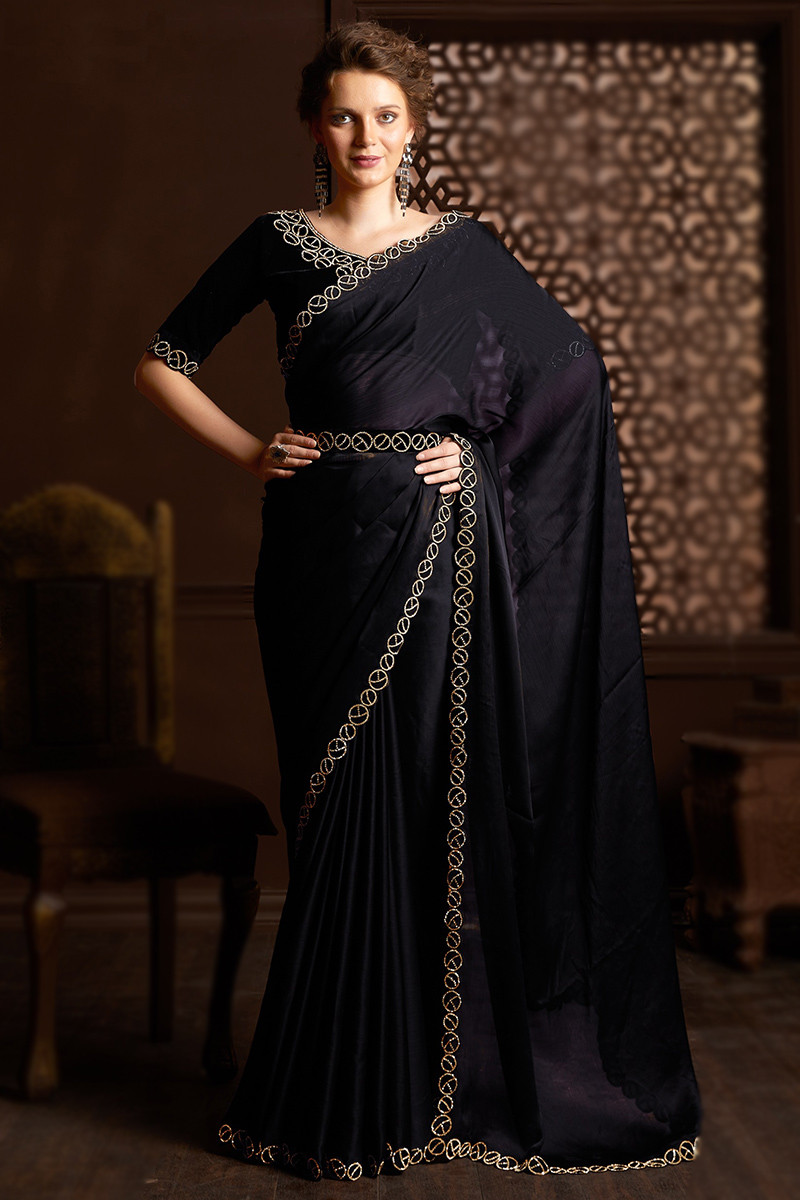 Black Printed Chiffon Saree With Blouse - Satrani Fashion - 3141222-sgquangbinhtourist.com.vn