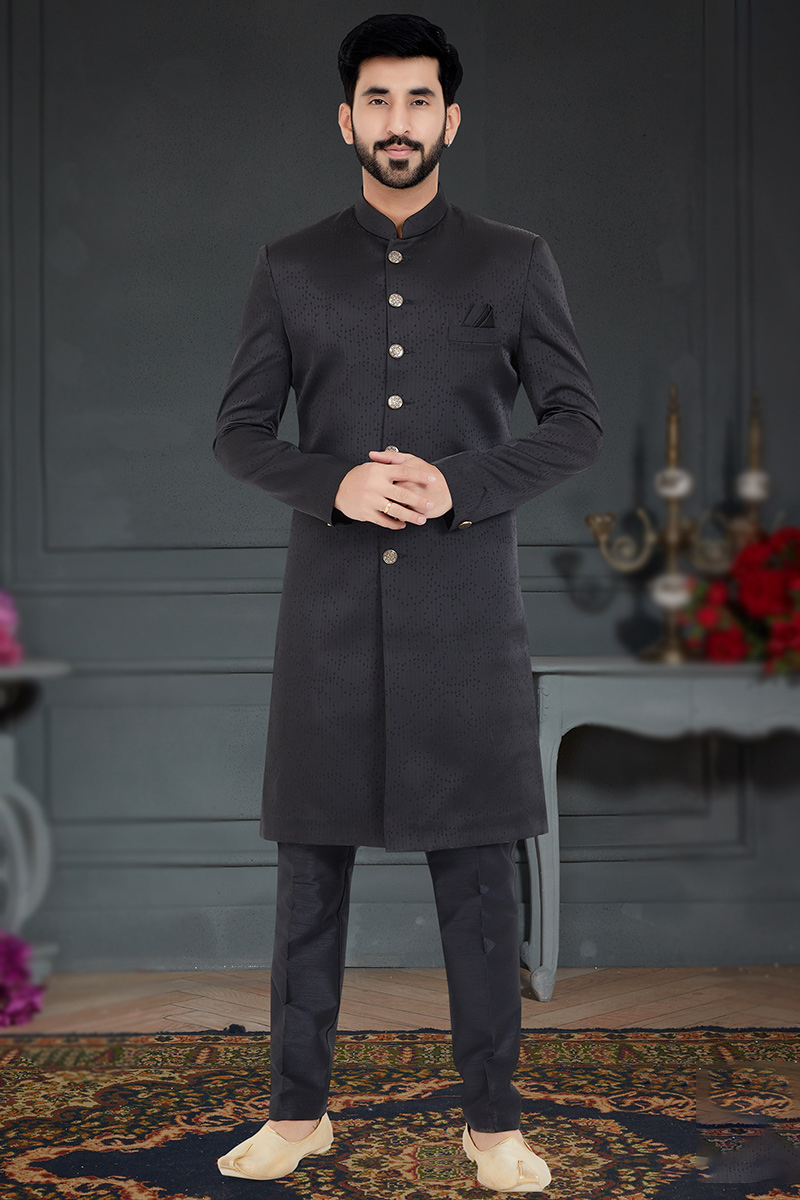 Band Gala Men Sherwani in Jacquard Dusty Black for Party 