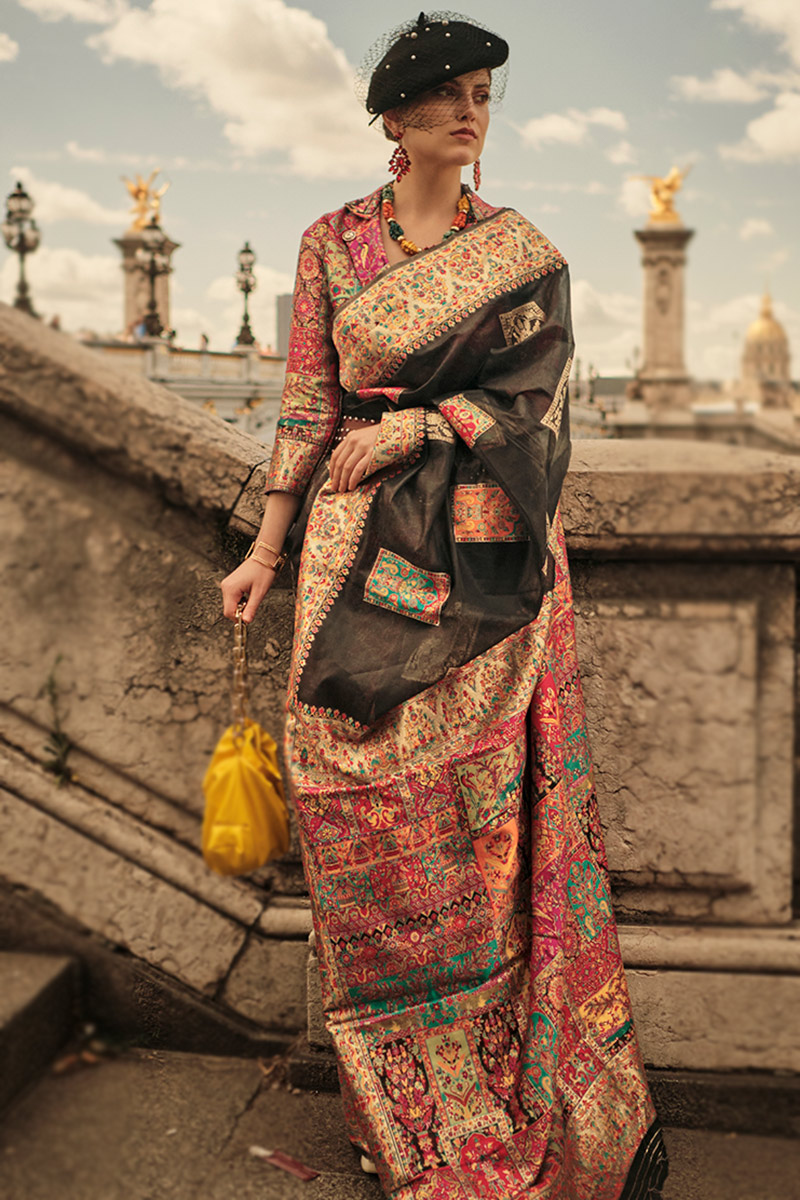 Dusty Black Kora Silk Weaved Broad Border Saree 
