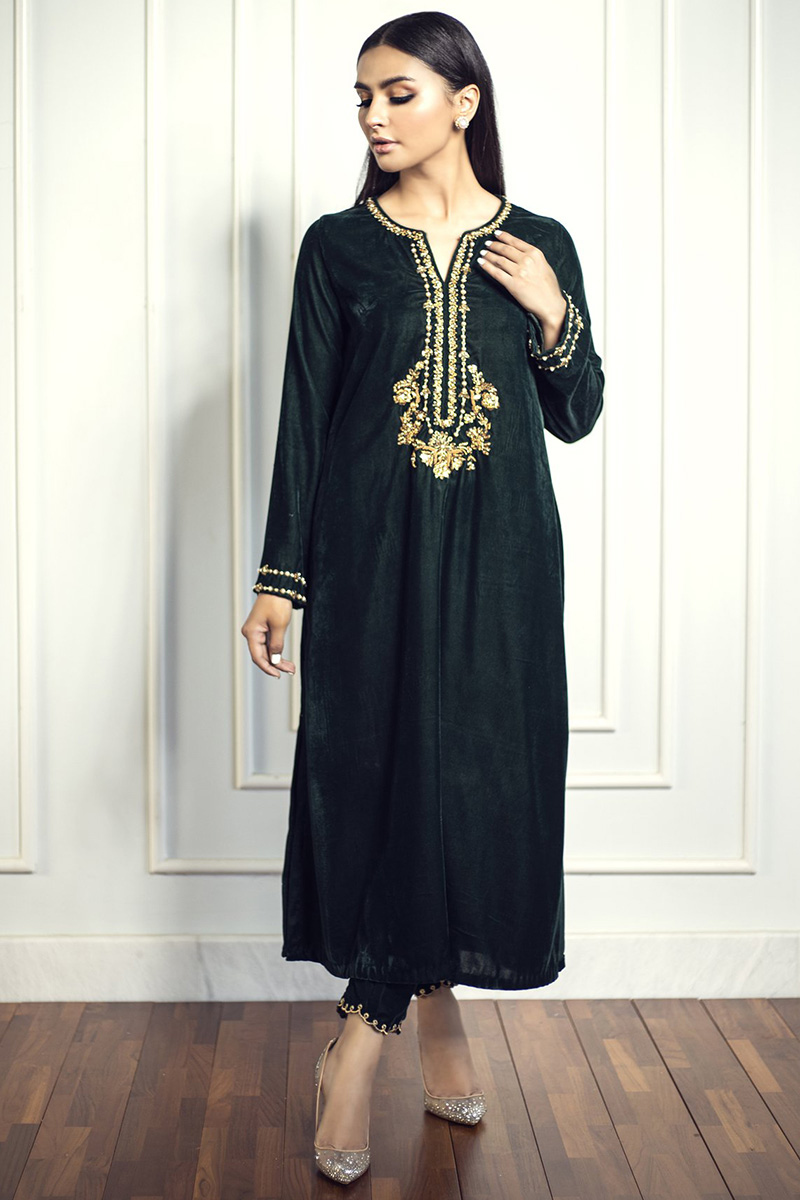 Dusty Black Velvet Straight Cut Trouser Suit with Zari embroidery