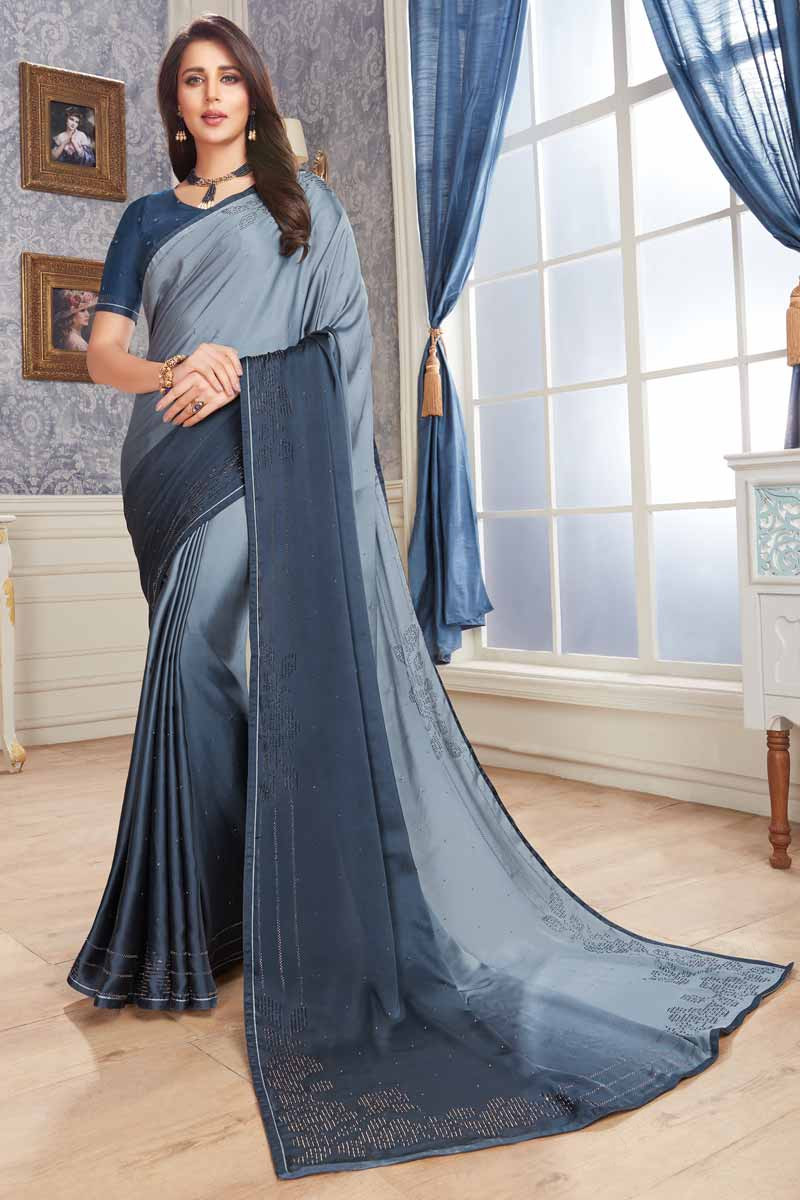 SHYAMAL & BHUMIKA - A beautiful uniform blue georgette sari with vintage  silver cutwork edging, teamed with a contrast stunning sky blue blouse. . .  #ShyamalBhumika #IndiaToTheWorld #IndiaWedding #DestinationWedding #Saree  #WeddingTrousseau #Couture #