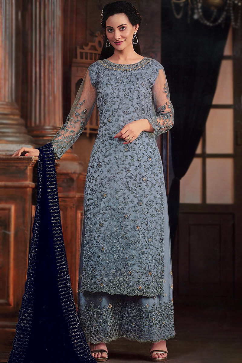 Dusty Blue Net Dori Embroidered Palazzo Suit For Sangeet 