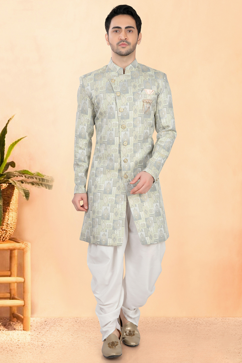 Dusty Blue Silk Blend Men's Sherwani with Weaved Work for Wedding