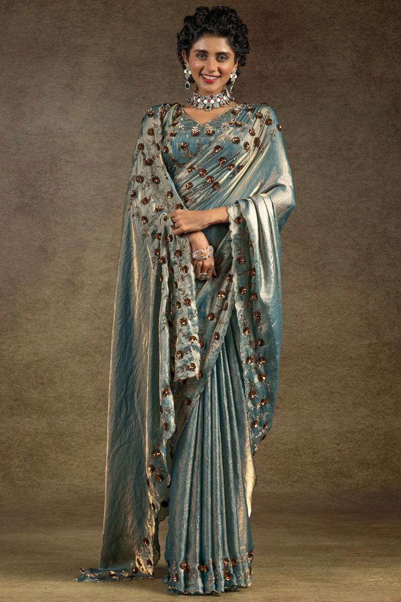 Dusty Blue Tissue Silk Sequins Work Saree