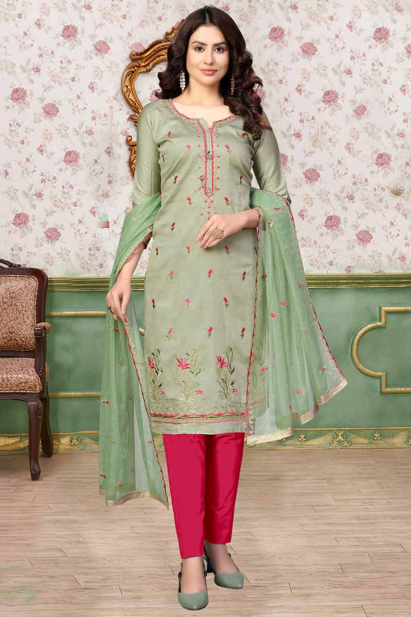 Dusty Green Cotton Embroidered Trouser Suit