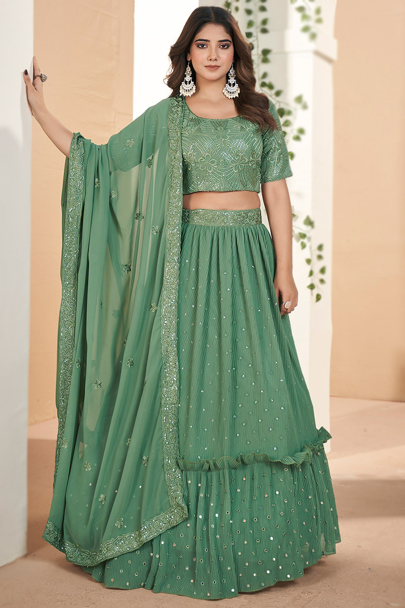 Dusty Green Georgette Embroidered Flared Lehenga 