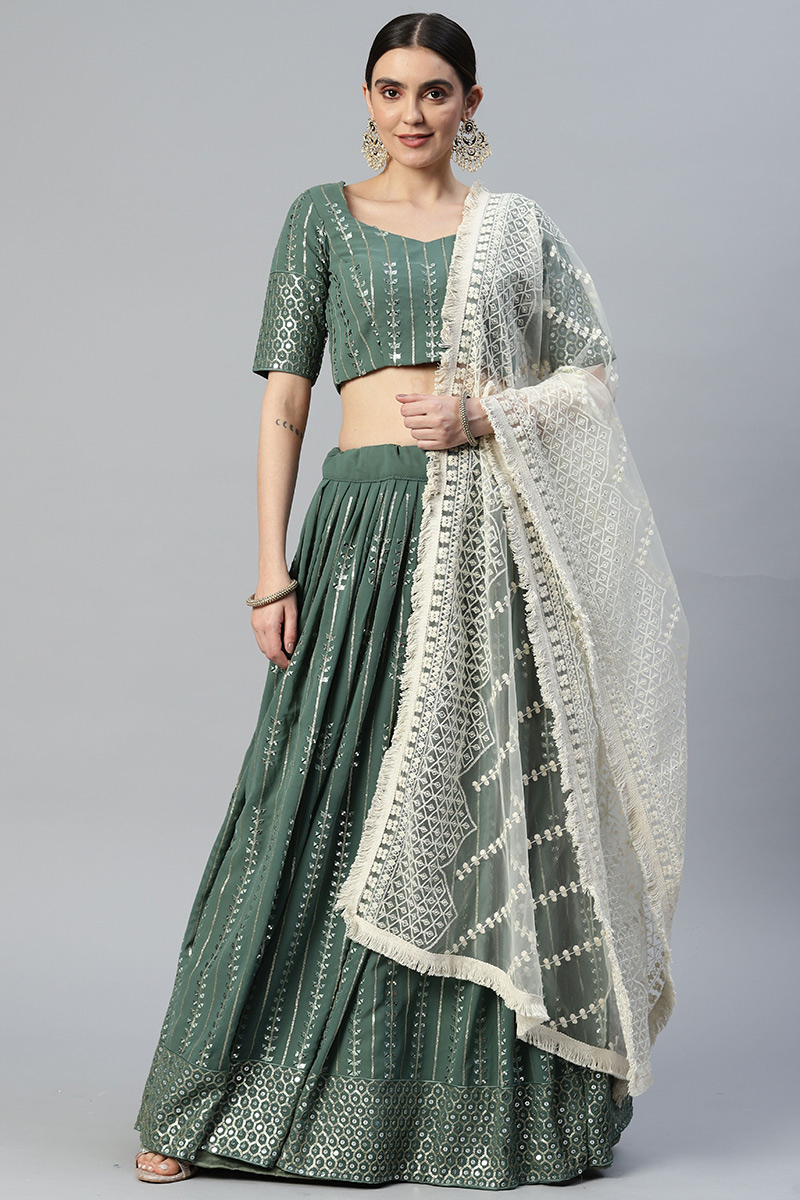 Dusty Green Mehndi Sequins Embroidered Lehenga in Georgette