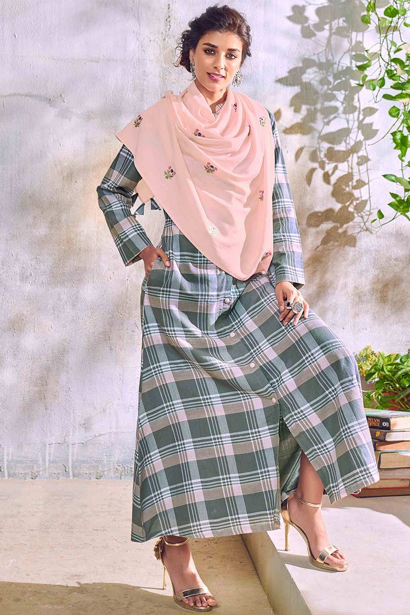 Buy Dusty Green Khadi Cotton Kurti With Embroidered Scarf Online