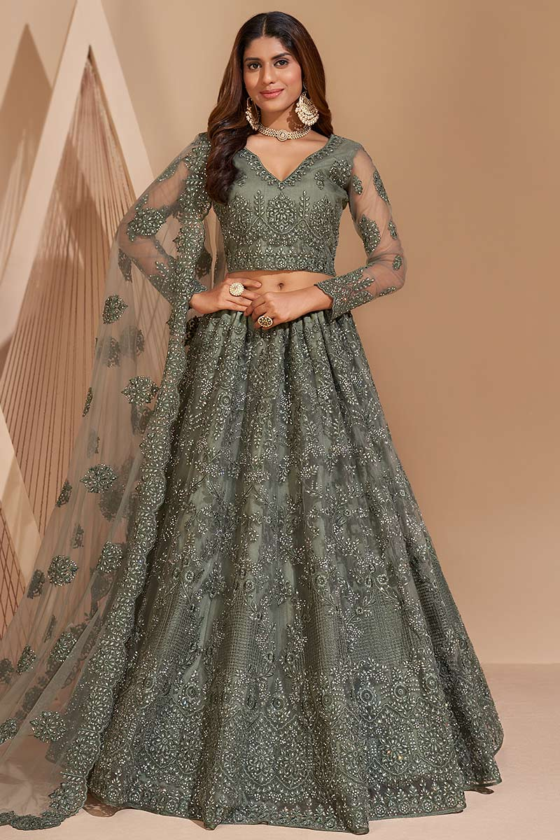 Dusty Green Net Embroidered Lehenga Choli