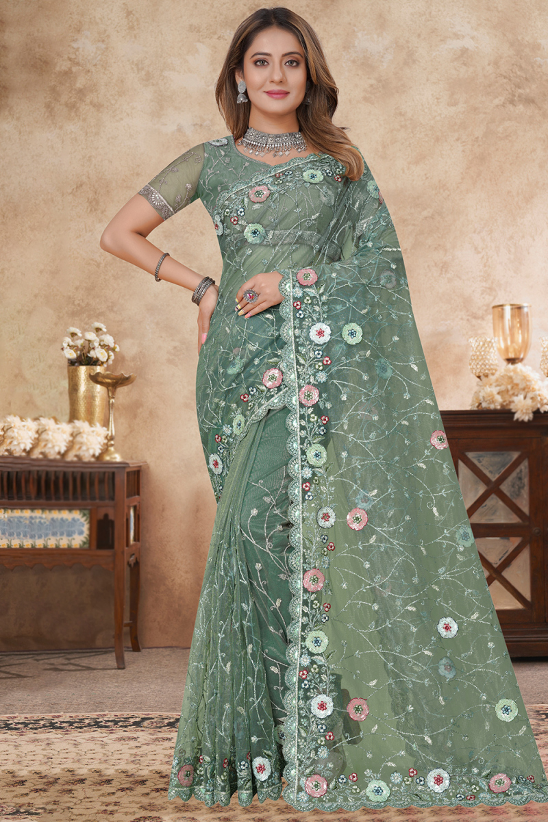 Dusty Green Net Embroidered Saree For Wedding