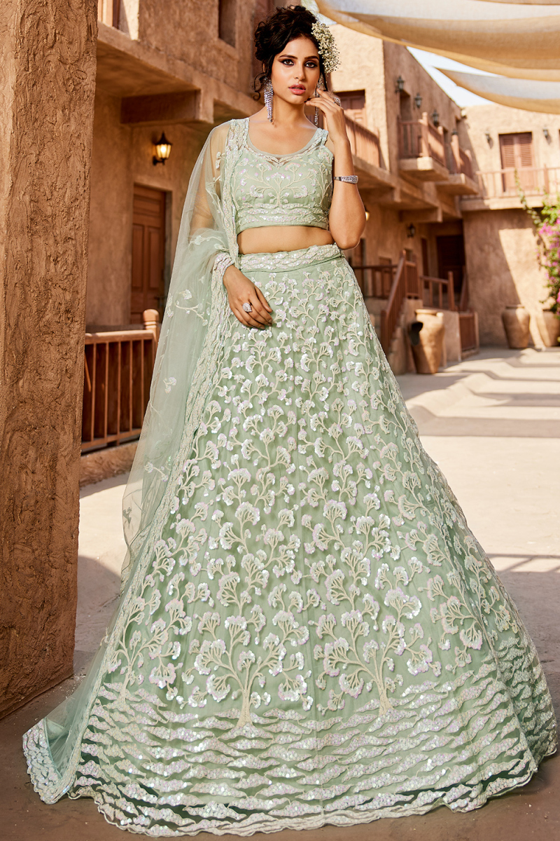 Dusty Green Net Lehenga With Sequins Work For Weddings