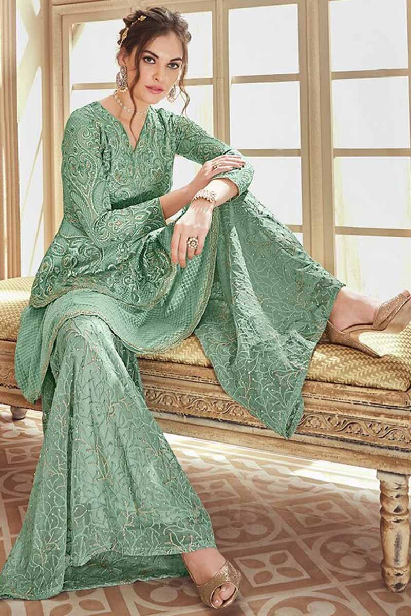 Shop Embroidered Peplum Olive Green Sharara Dress Online