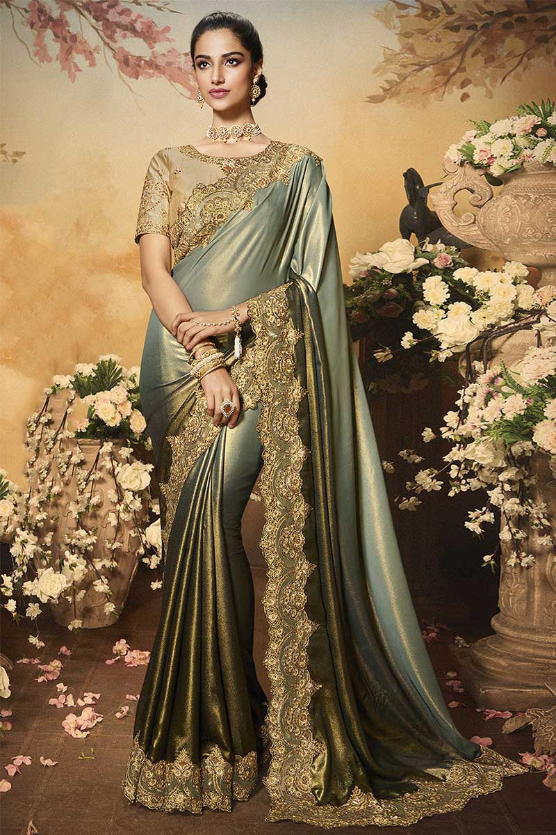 Shimmer silk georgette Saree with blouse in Pista green color