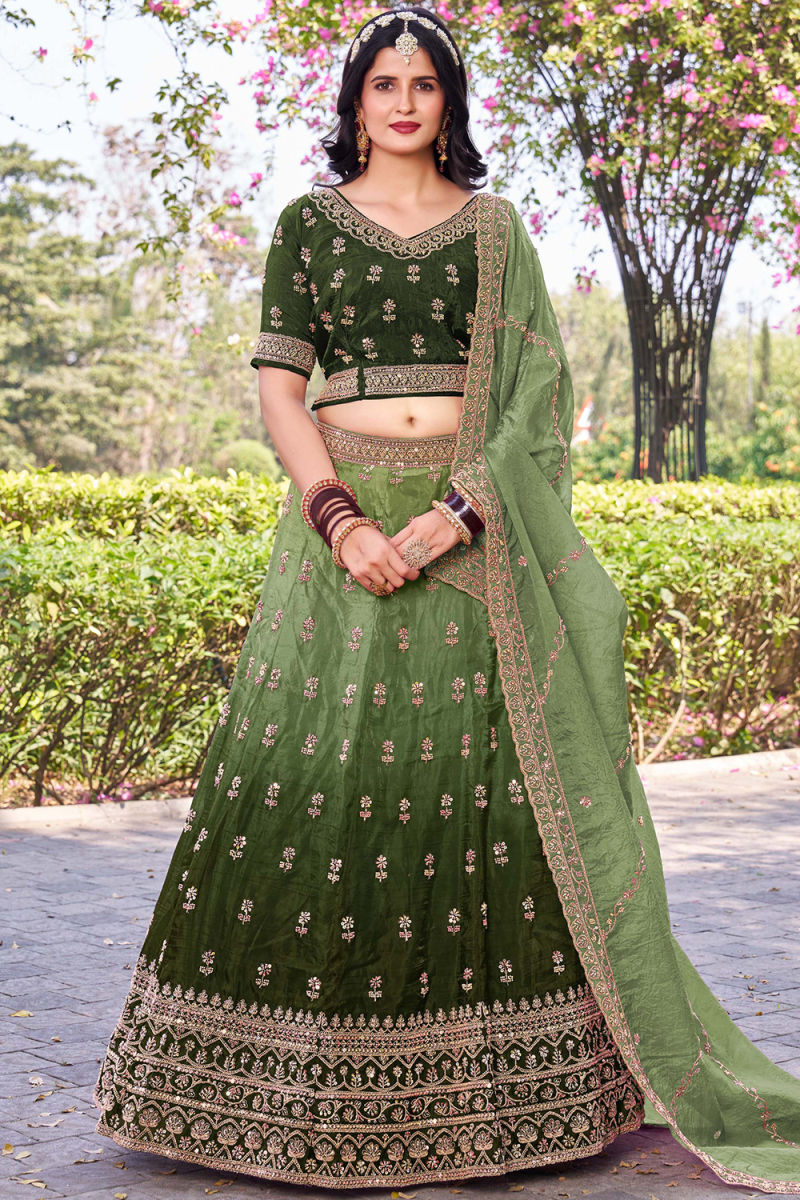 Dusty Green Tissue Silk Flared Style Lehenga with Printed Work