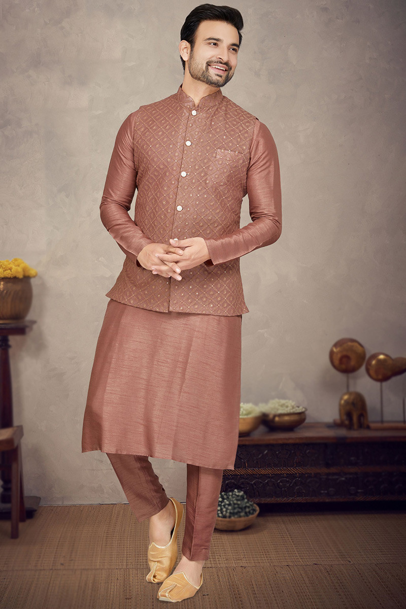 Dusty Mauve Art Silk Resham Embroidered Straight Cut Men s Waist Coat