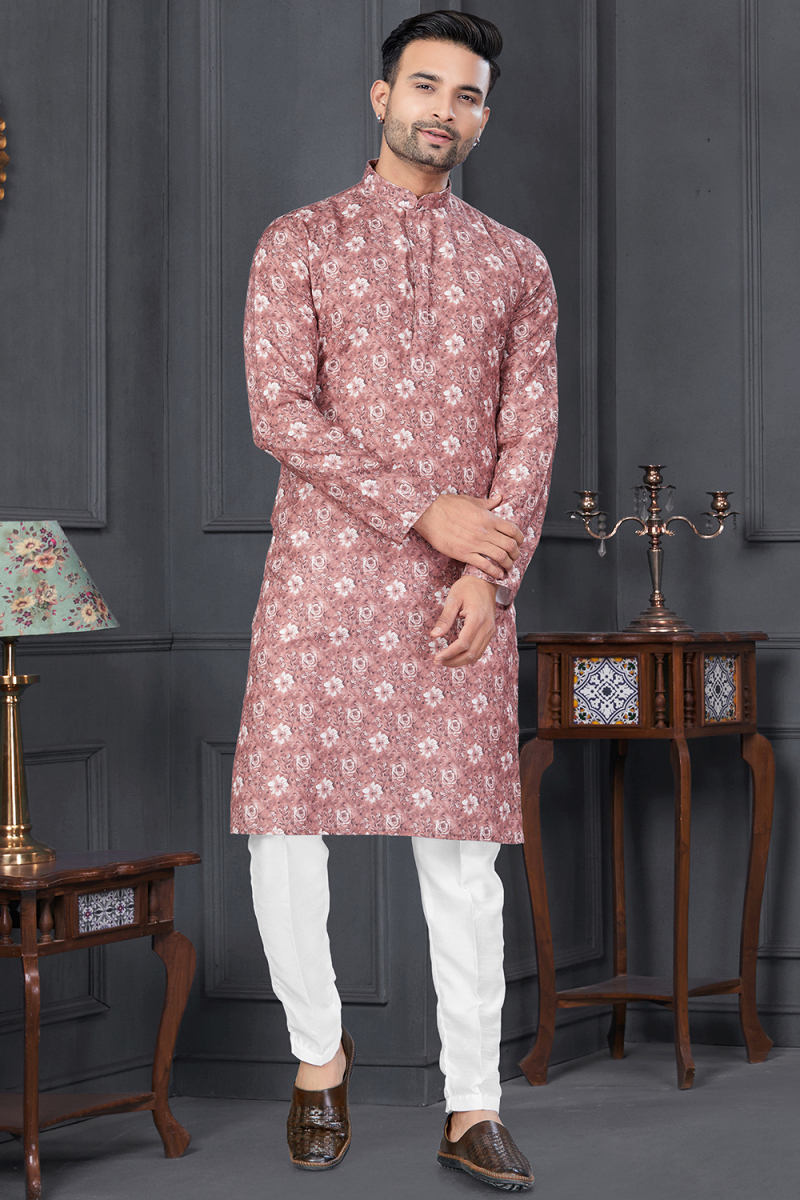 Dusty Mauve Cotton Printed Straight Cut Men's Kurta Pajama