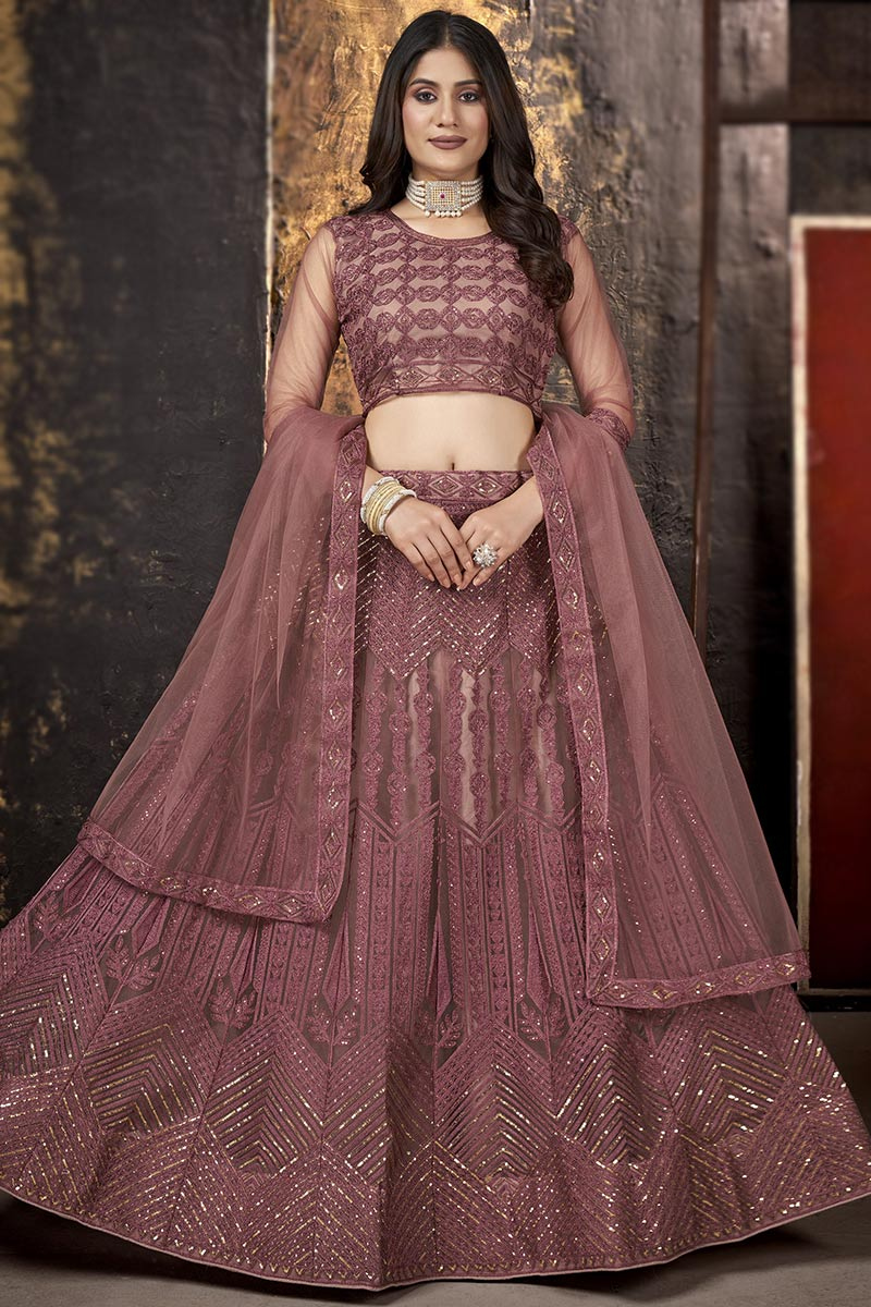 Dusty Mauve Net Embroidered Lehenga