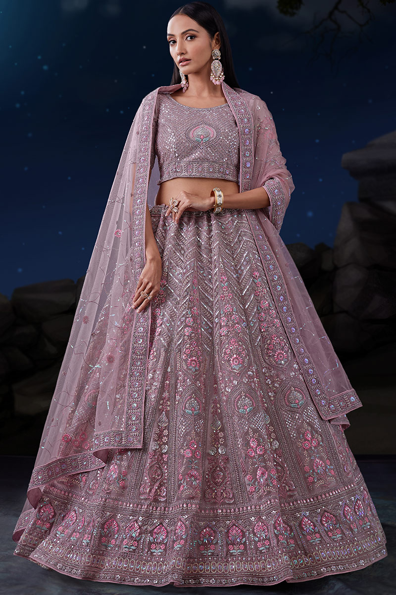 Dusty Mauve Net Embroidered Wedding Wear Lehenga