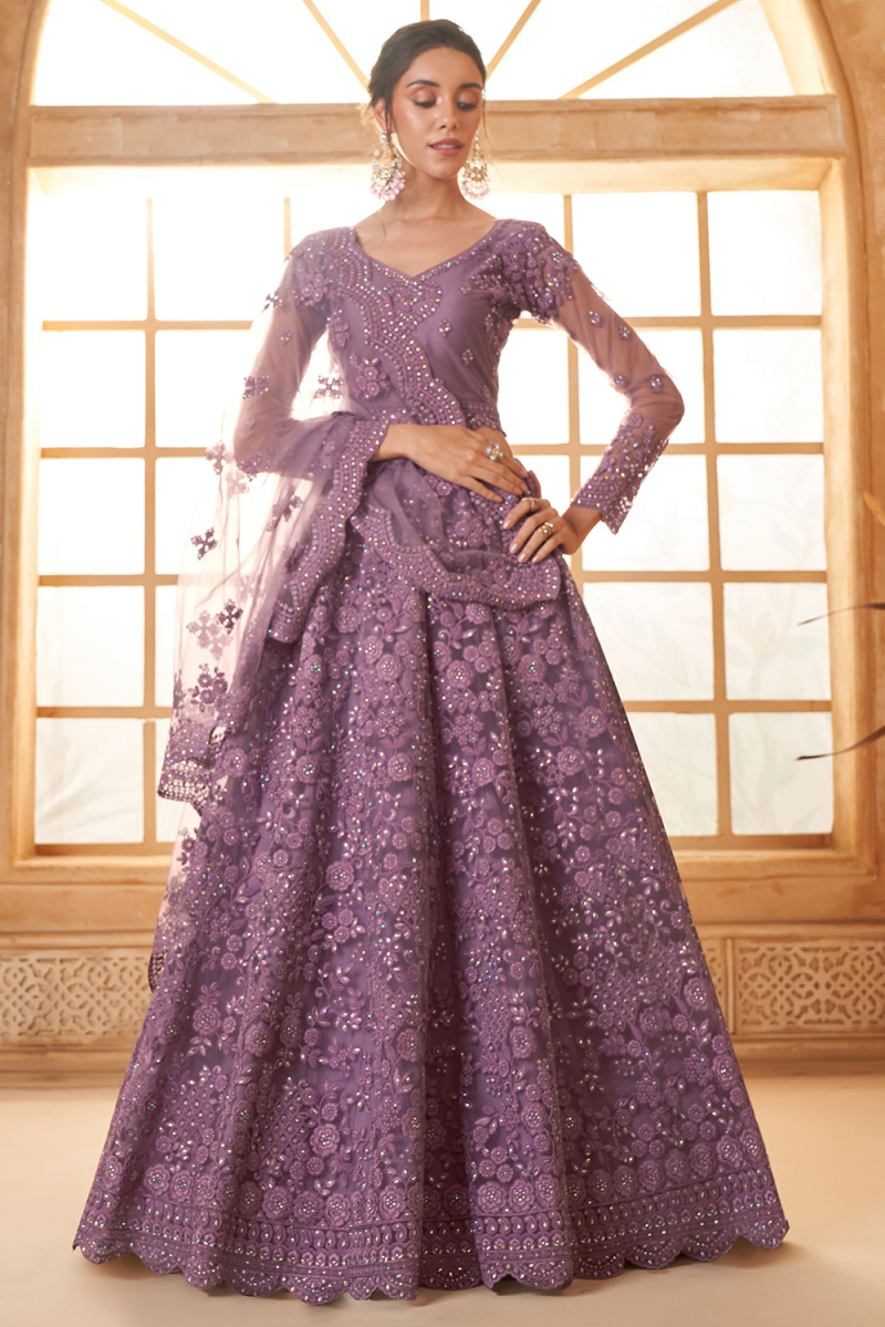 Dusty Mauve Stone Embellished Panelled Style Net Lehenga