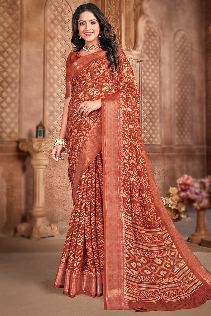 Dusty Orange Cotton Printed Saree