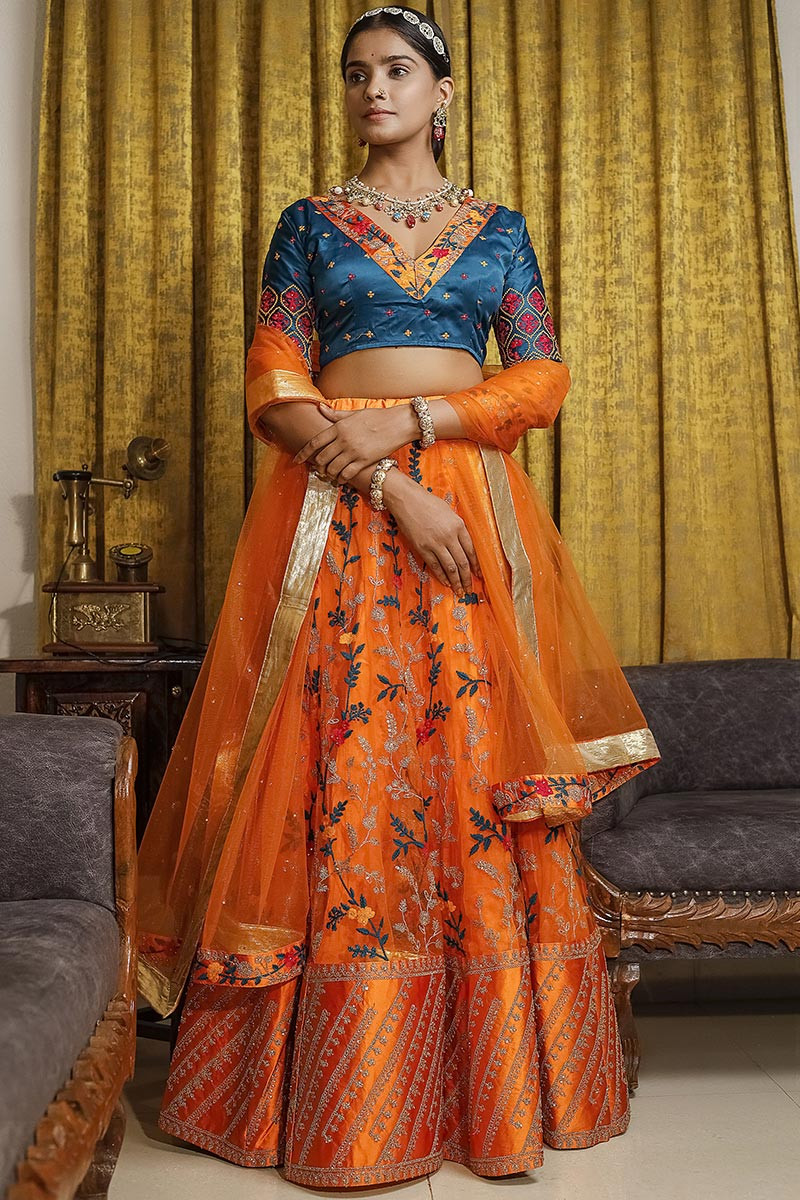 Orange and blue lehenga choli online