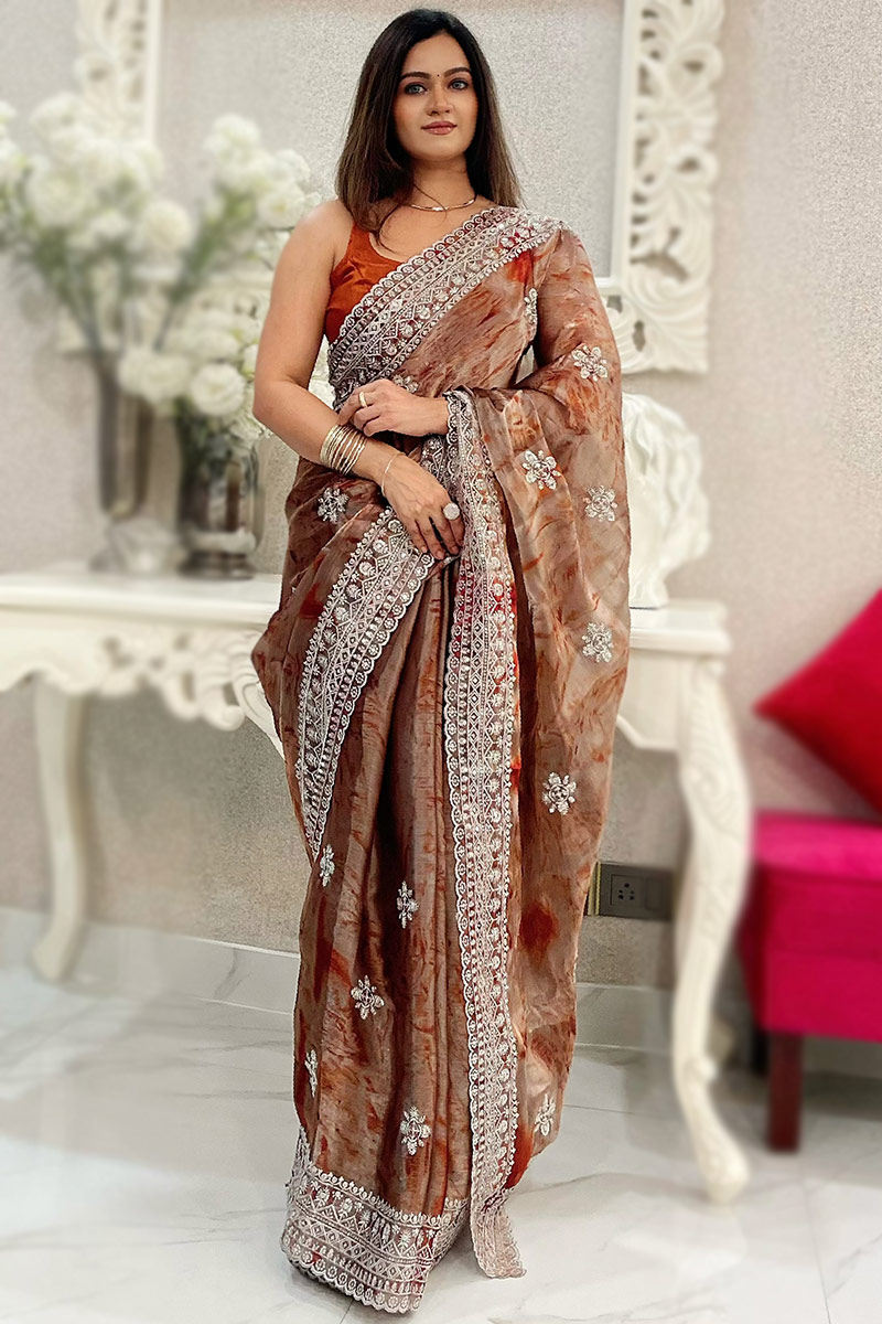 Dusty Orange Sequins Embroidered Tissue Saree For Sangeet