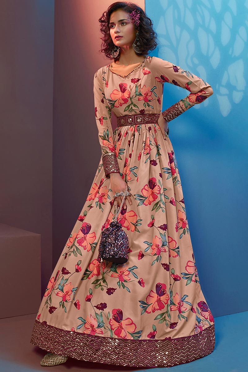 Dusty Peach Crepe Floral Printed Gown