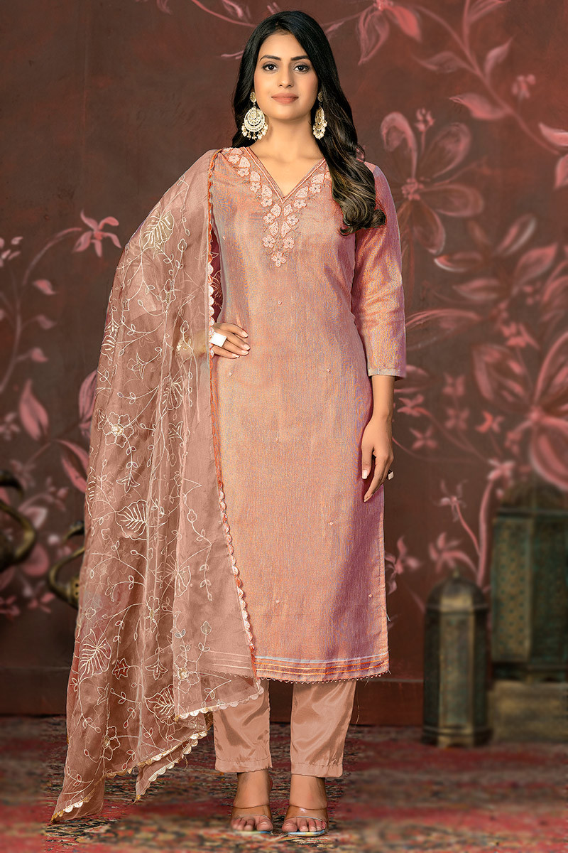 Dusty Peach Embroidered Shimmer Cotton Trouser Suit
