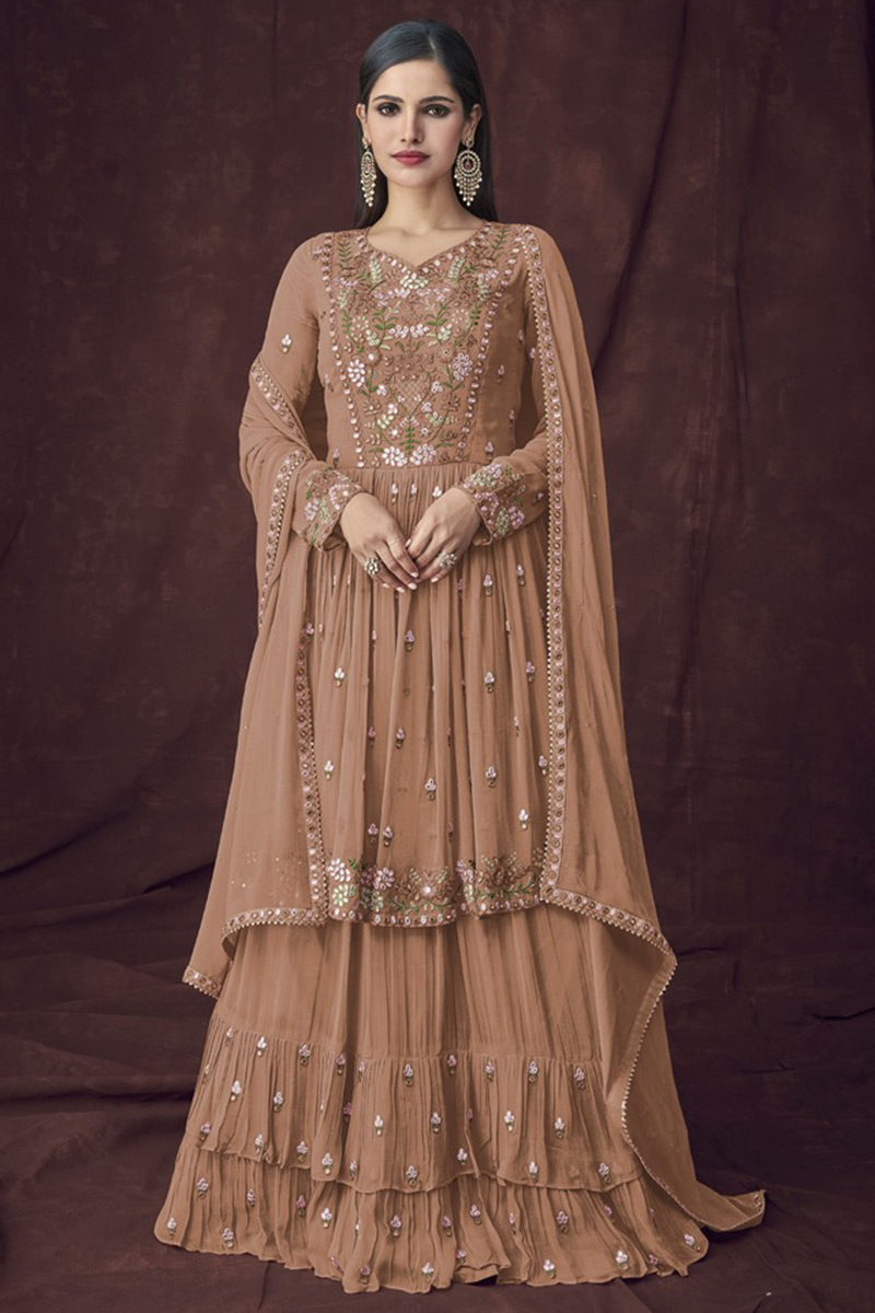 Georgette Dusty Peach Faux Mirror Work Wedding Wear Lehenga