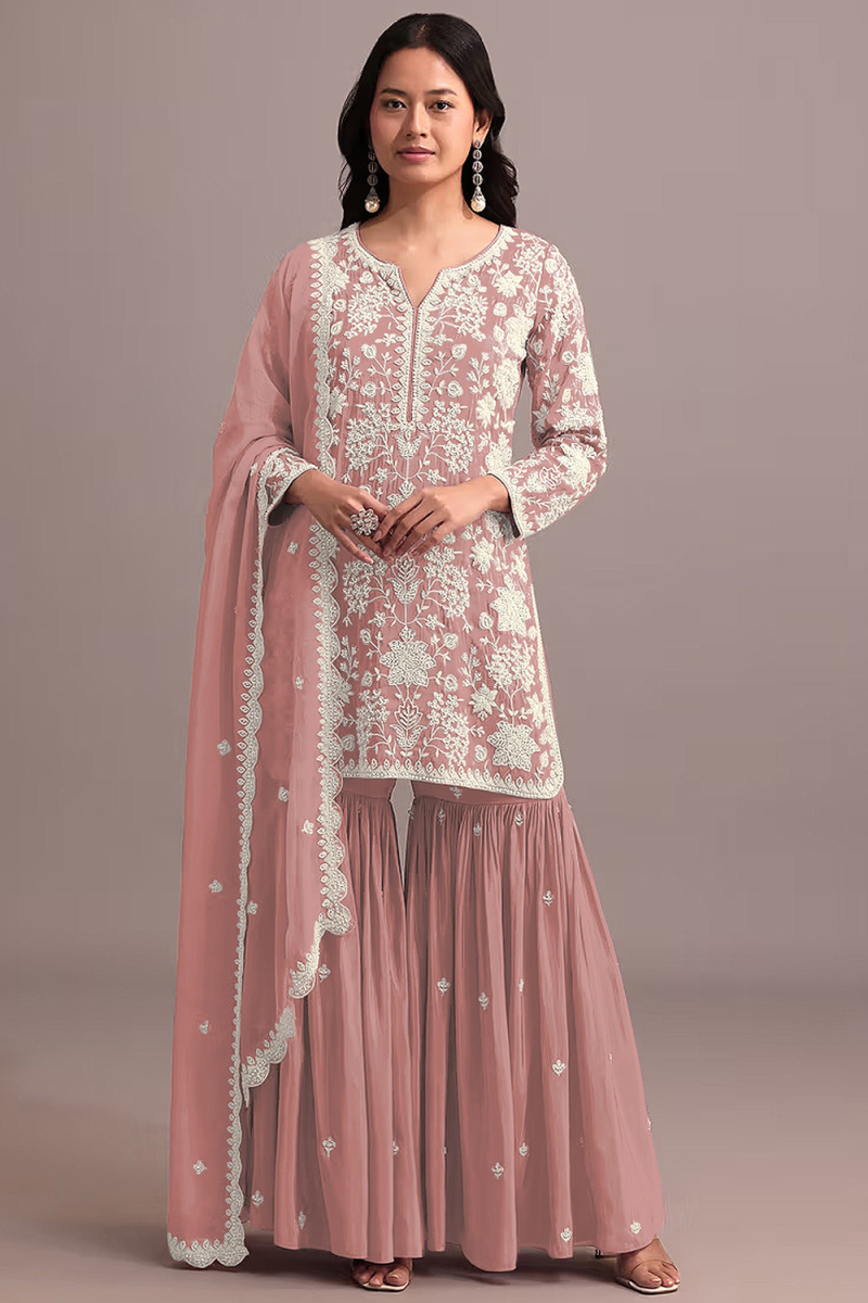 Dusty Peach Georgette Gharara Suit With Sequins Work For Festival
