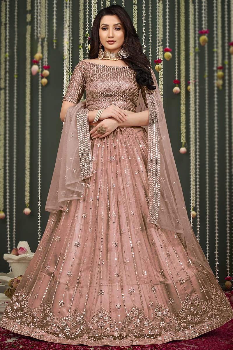 Lehenga in Dusty Peach Net for Party Wear with Resham embroidery
