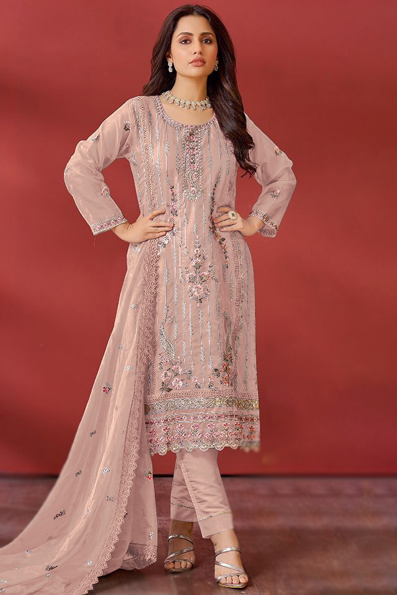 Dusty Peach Organza Sequins Embroidered Trouser Suit 