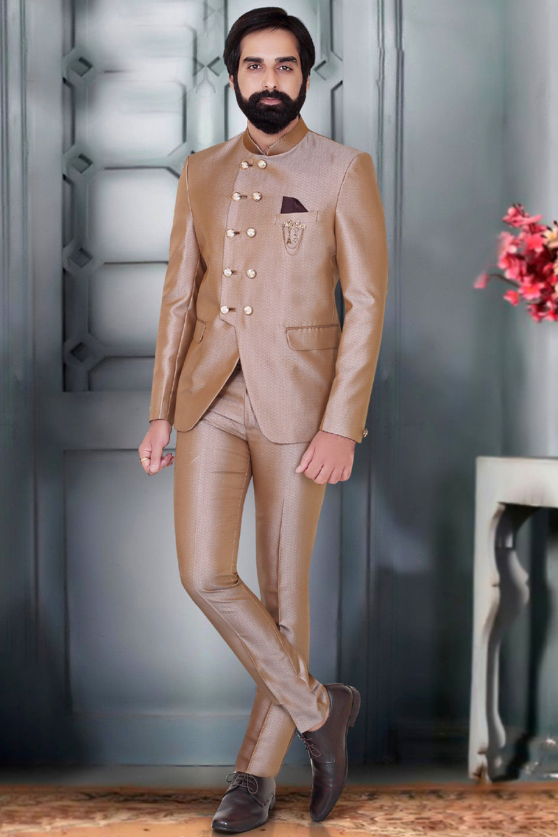 Dusty Peach Silk Plain Jodhpuri Style Men's Coat Pant