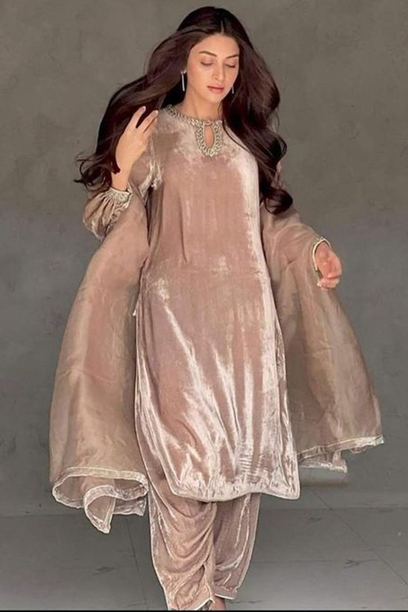 Buy Dusty Peach Velvet Embroidered Patiala SuitLSTV119871