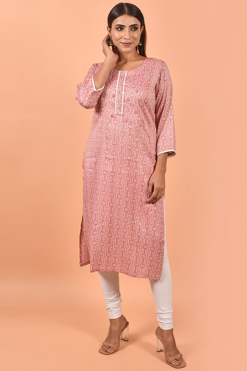 Kurti in Dusty Pink Cotton for Party Wear with Thread Embroidery